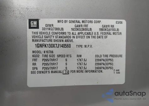 2007 Chevrolet Tahoe Lt из США, поврежденный, VIN 1GNFK130X7J140560